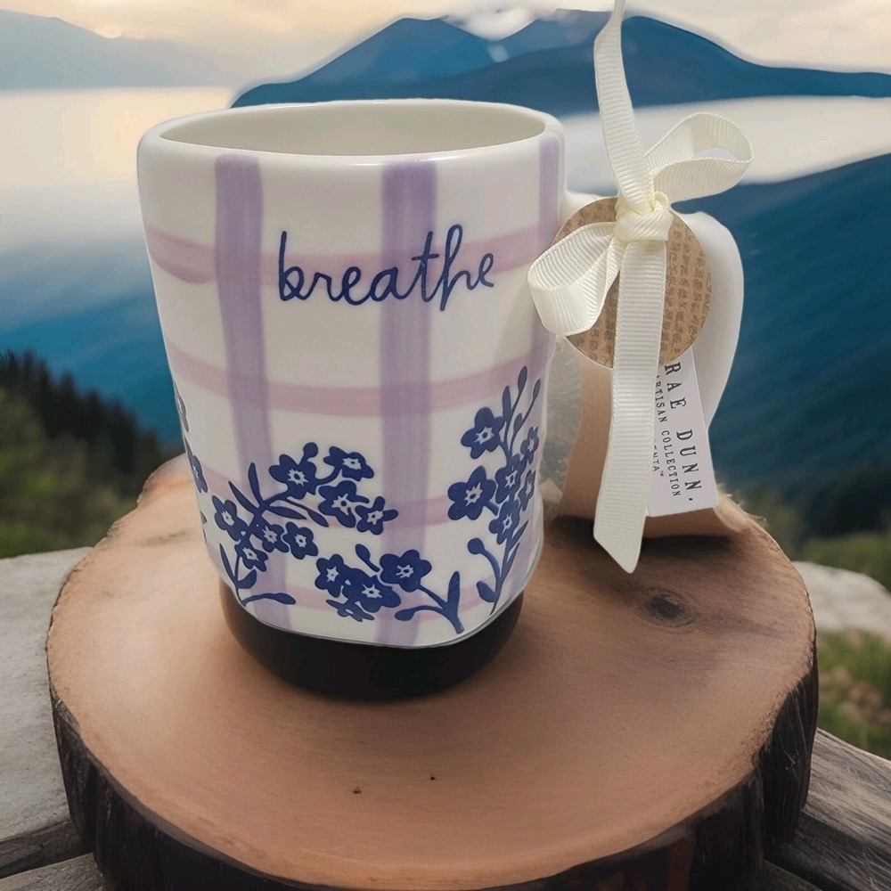 NEW! Rae Dunn BREATHE Striped Floral Mug Lavender Navy Tea Coffee Mug Meditation